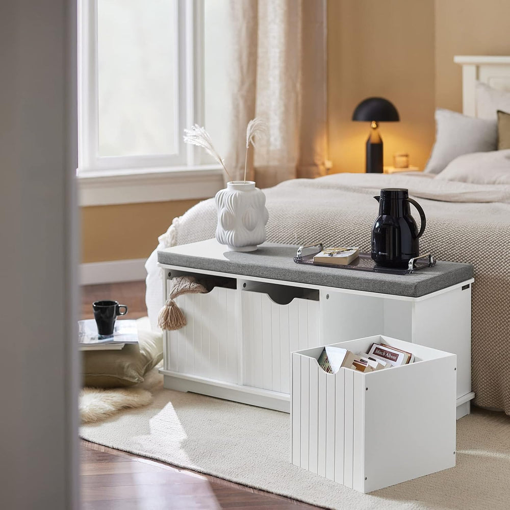 Haotian White Storage Bench with Drawers & Seat Cushion