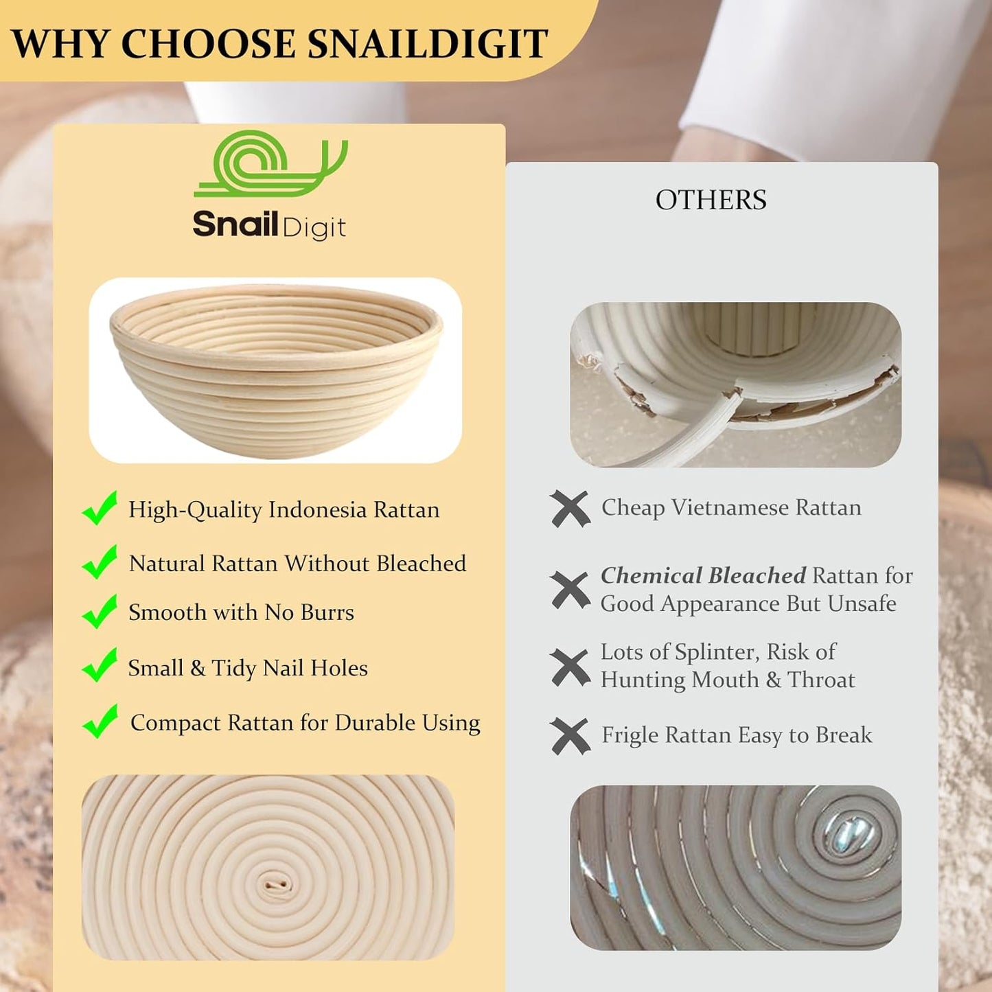 Rattan Banneton Bread Proofing Basket Set of 2, 9 Inch Round | For sourdough, boule and artisan loaves; supports dough during final proof for easier shaping and defined spiral lines