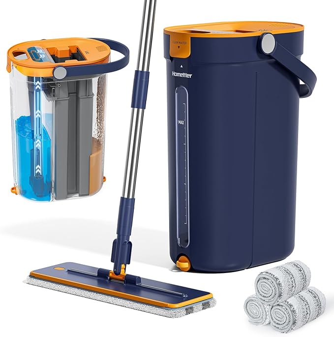 Mop and Bucket Set with Wringer, 3-Tank Flat Mop and Bucket System, Wall Mop by HoMettler