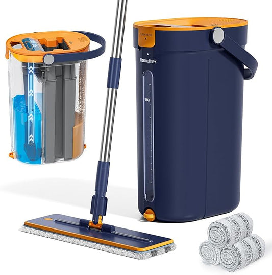 Mop and Bucket Set with Wringer, 3-Tank Flat Mop and Bucket System, Wall Mop by HoMettler