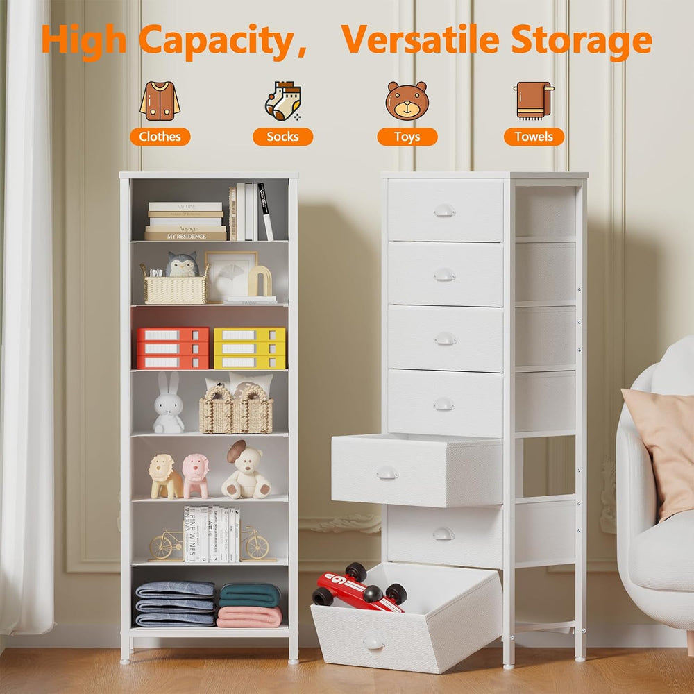 Furnulem White Tall Dresser for Bedroom, Chest of Drawer with Fabric Drawer