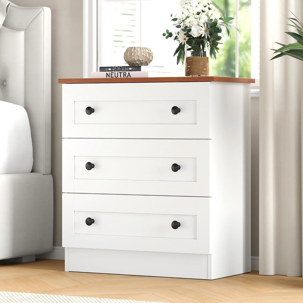 Furnify Farmhouse 3 Drawer Dresser, Small Chests of Drawers, White & Walnut