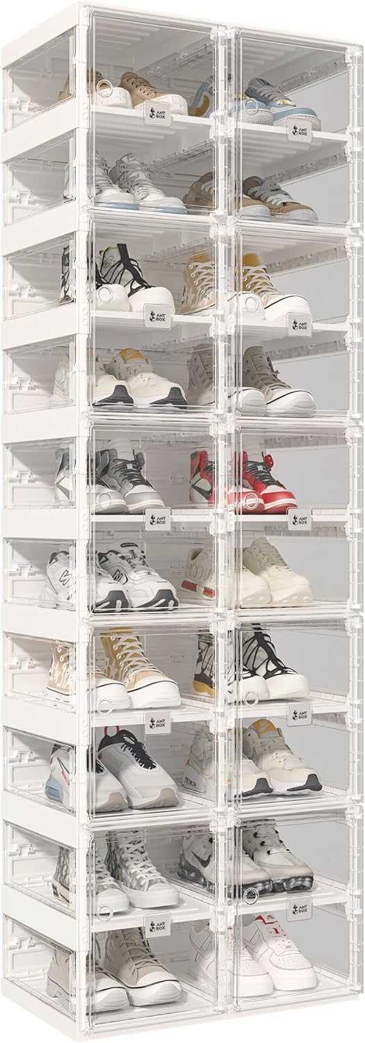 ANTBOX Collapsible Shoe Boxes Clear Plastic Stackable, Quick Setup Drop Front...