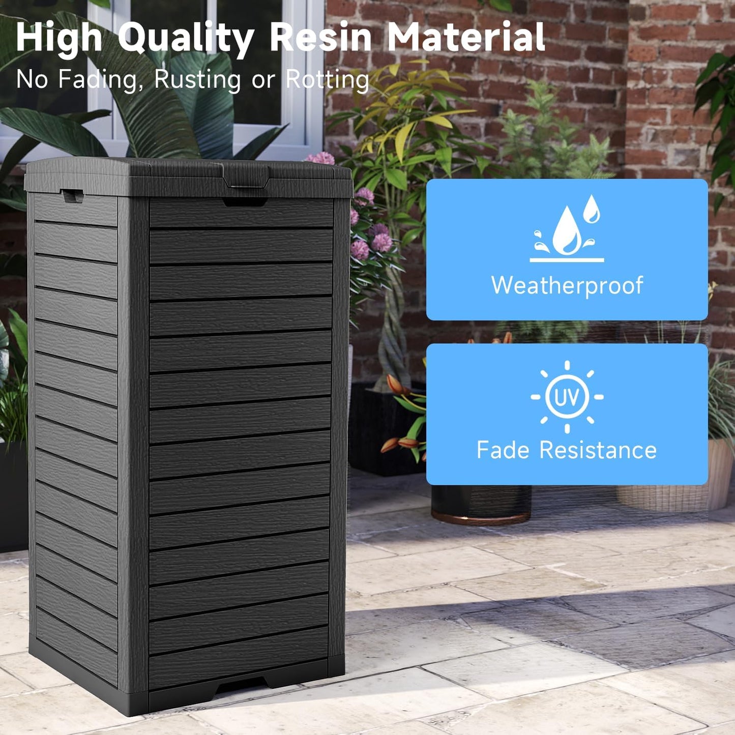 38 Gallon Outdoor Trash Can with Lid, Dual Lid Closure Outdoor Trash Can, Waterproof Resin Garbage Can with Pull-Out Liquid Drawer for Kitchen, Backyard Deck, Patio(Deep Black)