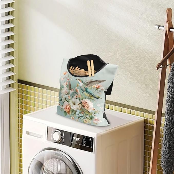 Hummingbird Floral Clothes Pin Bag to Hang On Line Reusable Clothespin Holder - Image 3