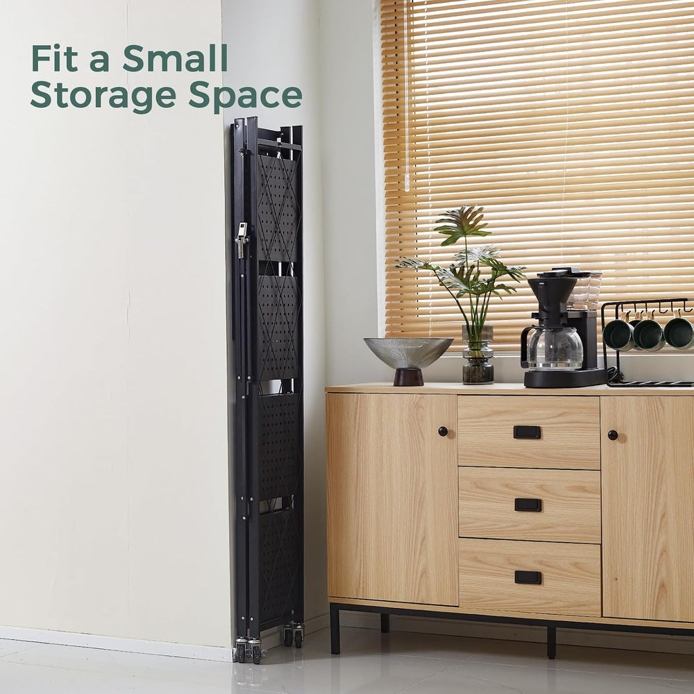 DEANIC 5-Shelf Folding Bookcase with Wheels, Rolling Bookshelf Heavy Duty Sto...