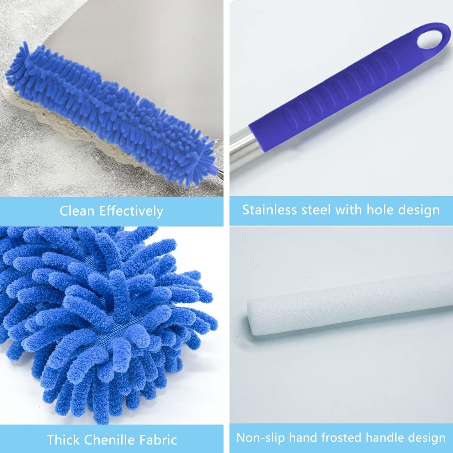 Buysenton Cobweb Duster with Extension Pole, Washable Cleaning Duster Kit with 3 Duster Heads, Cobweb Duster, Corner Brush, 15-100 Inch Long Aluminum Telescoping Pole for Ceiling Fan (Blue)