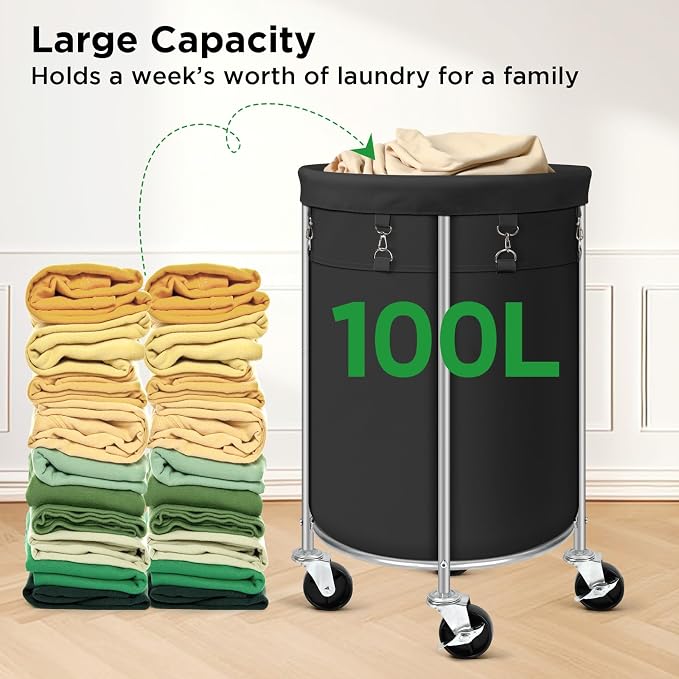Laundry Hamper with Wheels, 100L Round Rolling Laundry Basket Sorter with - Image 8