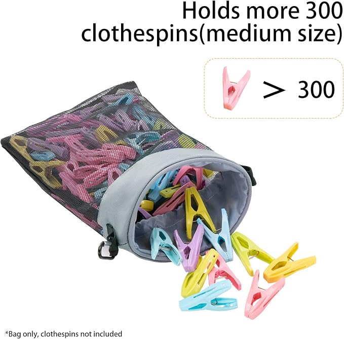 Mesh Clothespin Bag with Hooks Hanging Clothes Pin Bag with Drawstring Closure - Image 3