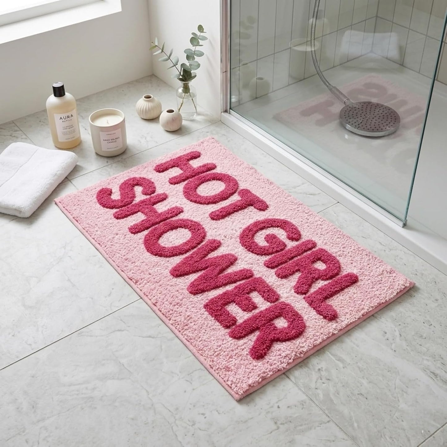 Hot Girl Shower Bath Mat - Cute Pink Tufted Bathroom Rug, Soft Absorbent Flocked Microfiber Floor Mat, Non-Slip Washable Aesthetic Decor for Bathroom, Bedroom, Dorm - 24"x16"