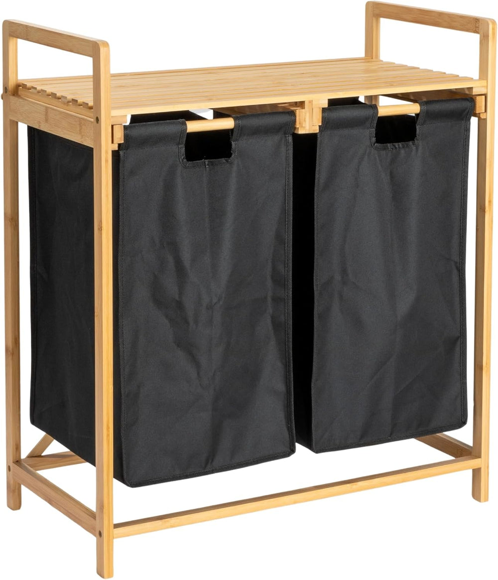 Household Essentials Bamboo Pull Out Double Hamper with Shelf, Natural and Black