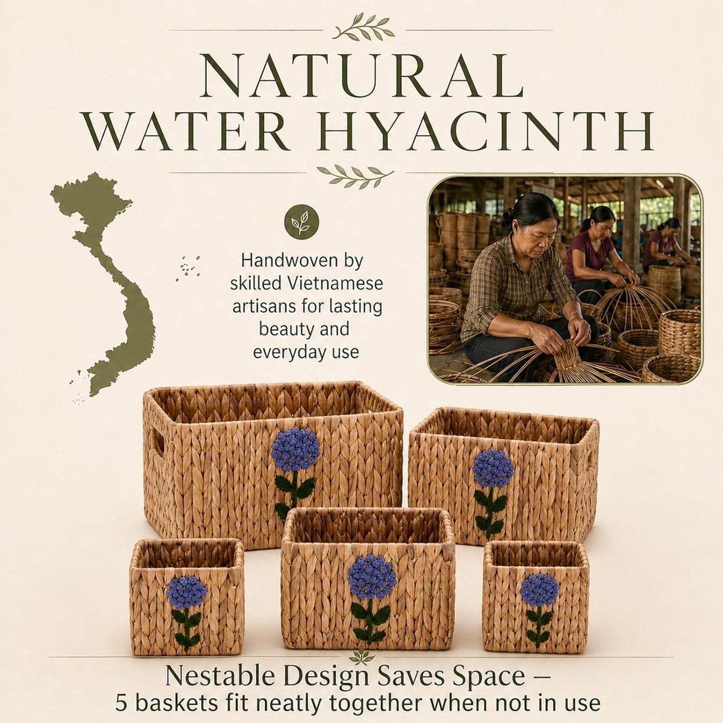Water Hyacinth Woven Decorative Baskets - Pantry Organizers and Storage | Set of 5 Handwoven Organizer Bins with Hand-Embroidered Flower, Built-in Handles, Shelf Baskets for Nursery, Bathroom