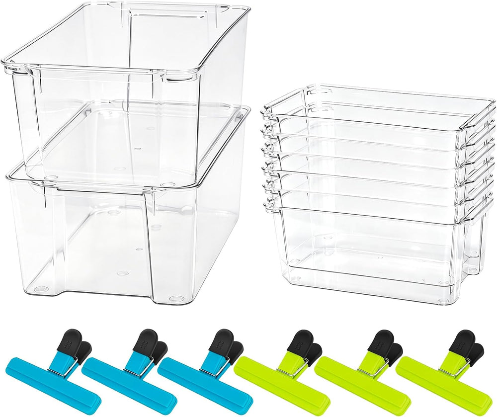iCASA 6 Pack Stackable Fridge Organizers and Storage Bins with Chip Clips