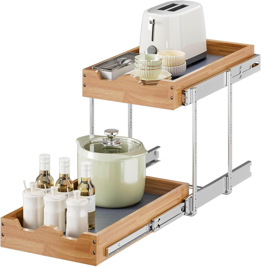 OCG Pull Out Drawers For Cabinets 14"W x 21"D, 2 Tier Heavy-Duty Sl...