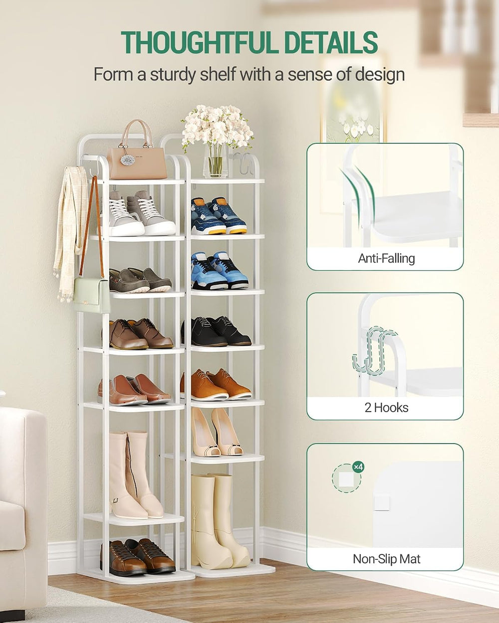 Hzuaneri 8 Tiers Vertical Shoe Rack, Narrow Shoe Tower, Tall Shoes Shelf with...