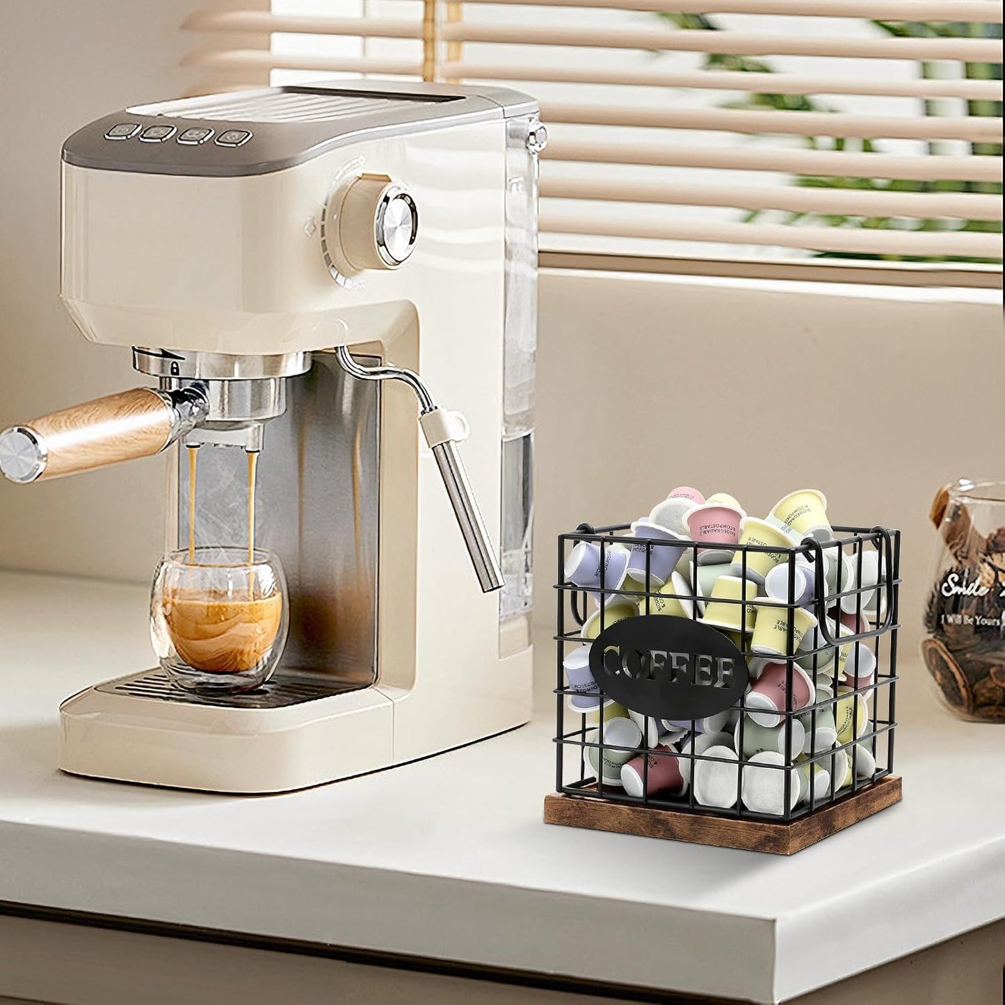 Coffee Pod Holder Organizer, Large Capacity K Cup Holder Organizer | Storage Basket for Kitchen Countertop Office Coffee Bar with Wooden Base & Handle Design (Rustic Brown-Square)