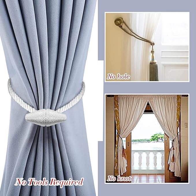 Hion Magnetic Curtain Tiebacks White 2pcs, Curtain Tiebacks Buckles Holdbacks - Image 6