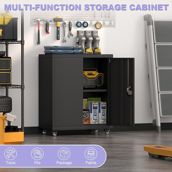 Metal Cabinet with Wheels, Steel Cabine with Locking Doors, Small Cabinet with - Image 6