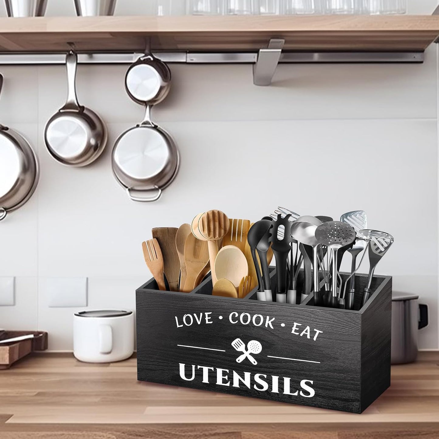 MINCORD Wooden Utensil Holder for Countertop | 4 Compartment Farmhouse Utensil Caddy & Flatware Organizer | Rustic Large Kitchen Wall Decor for Spoons, Forks, Parties