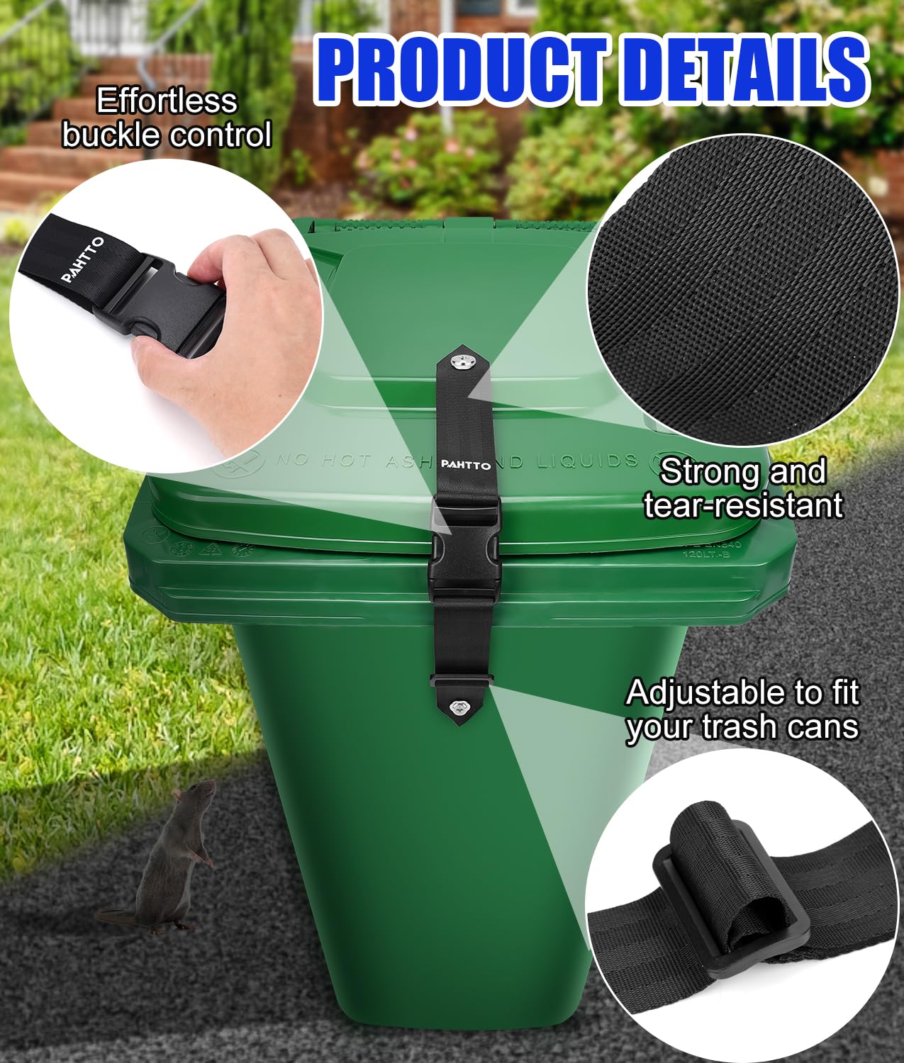 PAHTTO Trash Can Locks for Animals, Universal Garbage Can Lock, Nylon Bear Proof Trash Bin Lid Lock, Adjustable and Easy to Install, Heavy-Duty Garbage Can Strap for Outdoor Trash Can