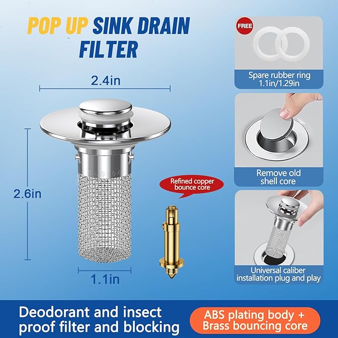 2PC Bathroom Sink Stopper Hair Catcher, Pop Up Sink Drain Filter - Image 4