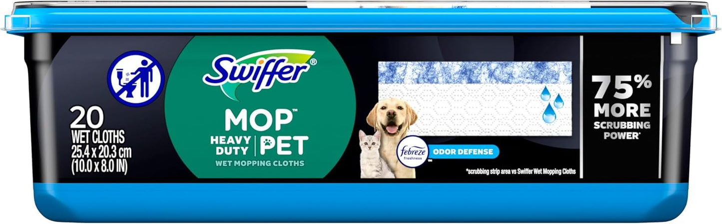 Swiffer Heavy Duty Mop Wet Multi-Surface Cloth Refills for Floor Mopping and Cleaning, Pet with Febreze Odor Defense, 20 count