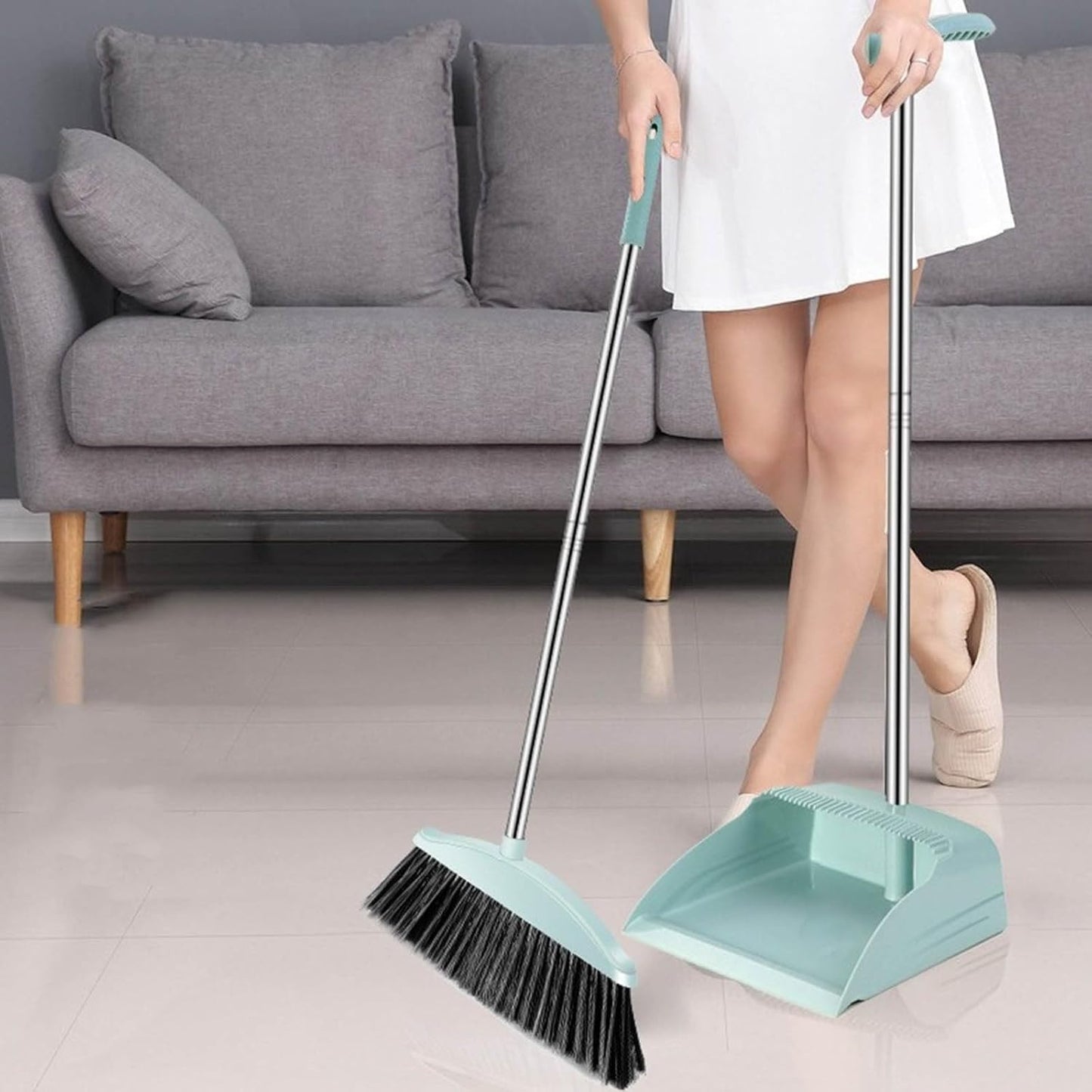 Broom and Dustpan Set, 32" Stainless Steel Long Handle,Standing Storage, Indoor Sweeping Combo for for Home & Kitchen, Broom with Dustpan Combo Set, Teeth Comb, Green