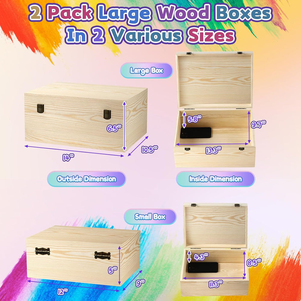 Large Unfinished Wooden Boxes Set of 2 Sizes Wood Box with Hinged Lid
