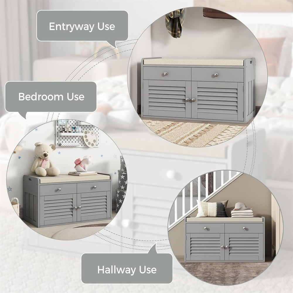 WARMHONIU Shoe Storage Bench with 2 Drawers Storage & Cushioned Seats