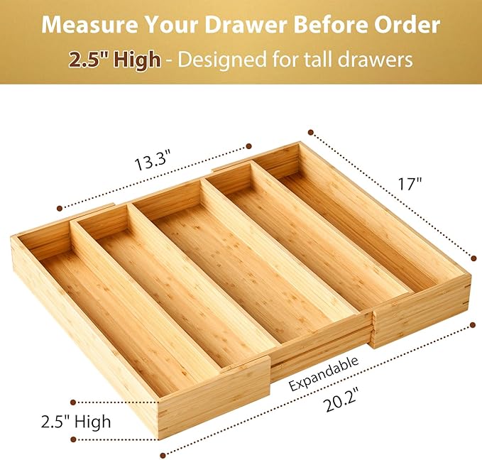 Umilife Expandable Kitchen Drawer Organizer, 2.5" High Bamboo Utensils - Image 2