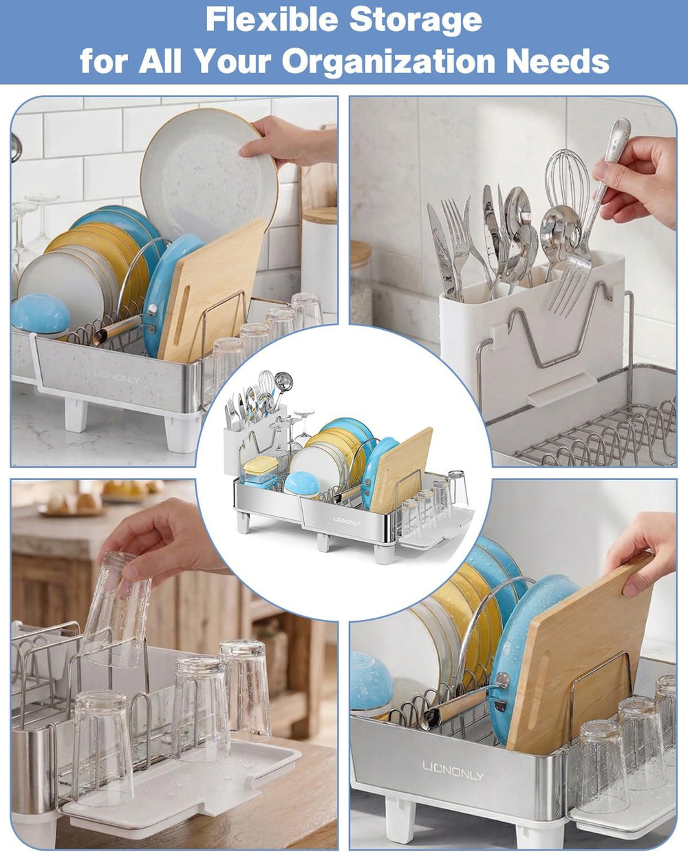 304 Stainless Steel Expandable Dish Drying Rack with Drain Spout, White