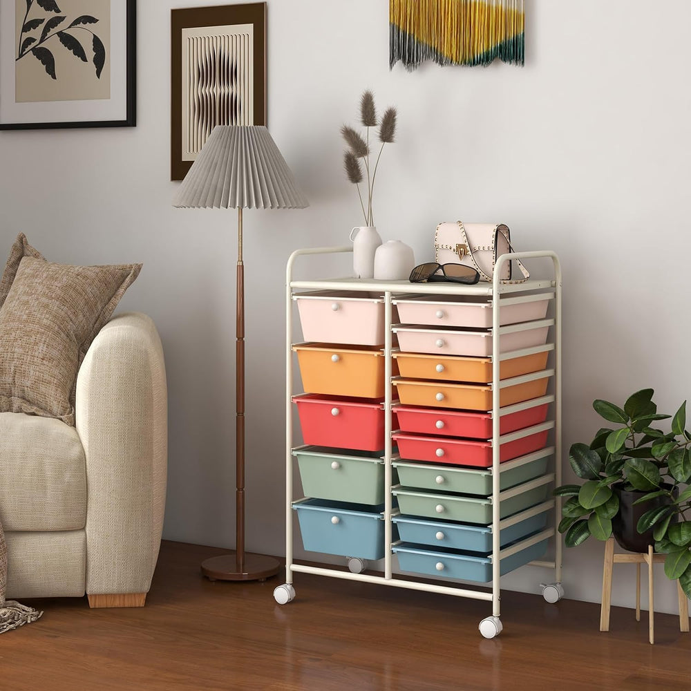 LDAILY 15 Drawer Rolling Storage Cart, Rolling Cart with Drawers for Classroo...