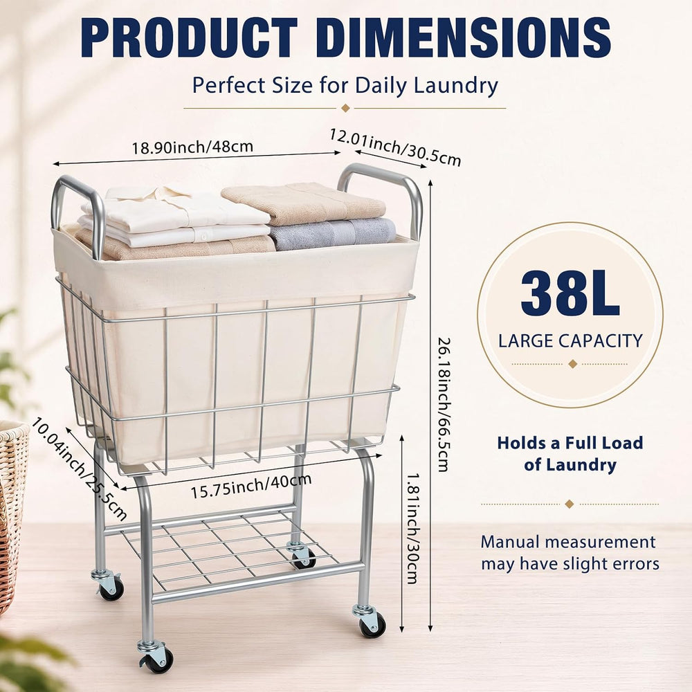 Rolling Laundry Basket with Wheels 26" Height Metal 2-Tier Cart