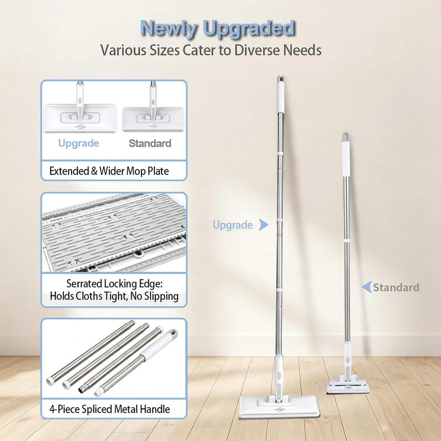 Hands Free Flat Mop One Click,Hands Free Multi Purpose Flat Mop, Snap Grip Mini Mops,360° Rotation Head,31'' Long Handle,Dry and Wet Use,Suitable for Whole House Cleaning,Tile and Hardwood(6 Cloths)