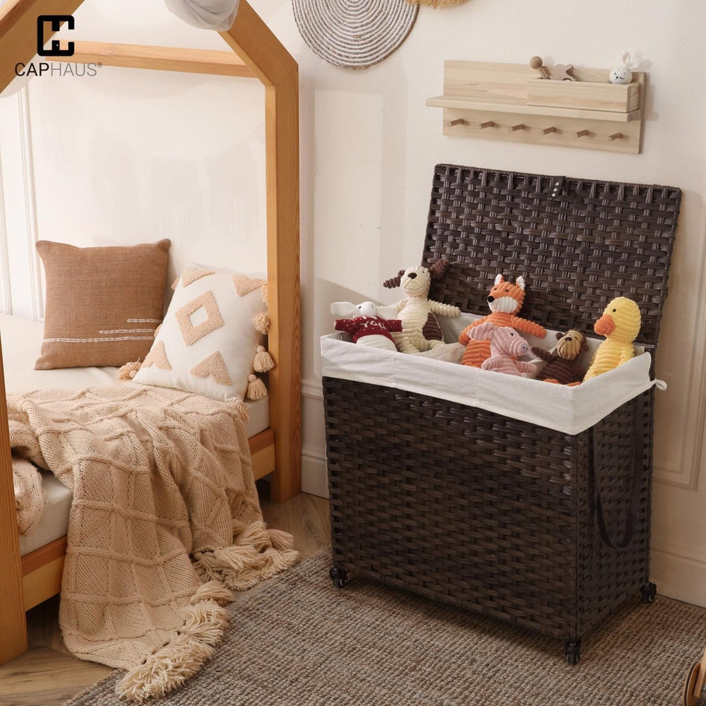 CAPHAUS Laundry Basket w/Wheels, Synthetic Rattan Laundry Hamper w/Lid, Remov...