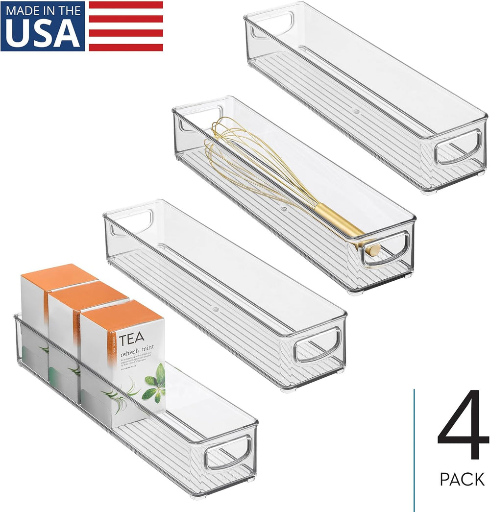 iDesign Slim Clear Plastic Storage Bin, Extra Long Narrow, 4-Pack