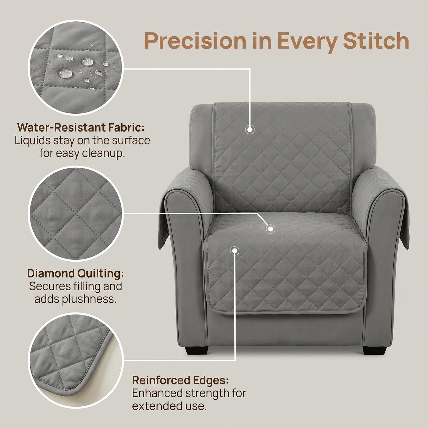 Couch Covers for Sofa, Recliner Covers Washable, Non-Slip, Outdoor Sofa Cushion Cover, Furniture Protector for Dogs and Cats, Pet Hair Blocker for Chair, Seat and Recliner, Gray