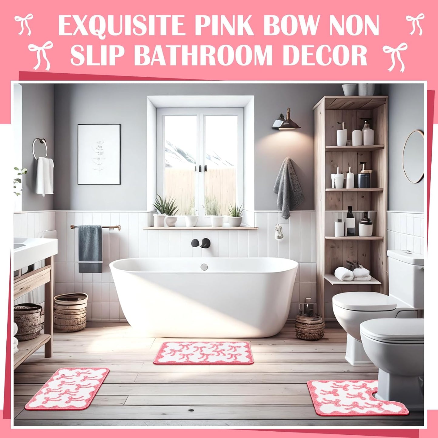 Nuanchu 3 Pcs Pink Bow Bathroom Rugs Set, Cute Bow Bath Mat Soft Non Slip Absorbent Coquette Bathroom Decor, Washable Bath Mat, U Shaped Toilet Rug for Bedroom, Living Home 31.5x20/ 24x22/ 24x17 Inch