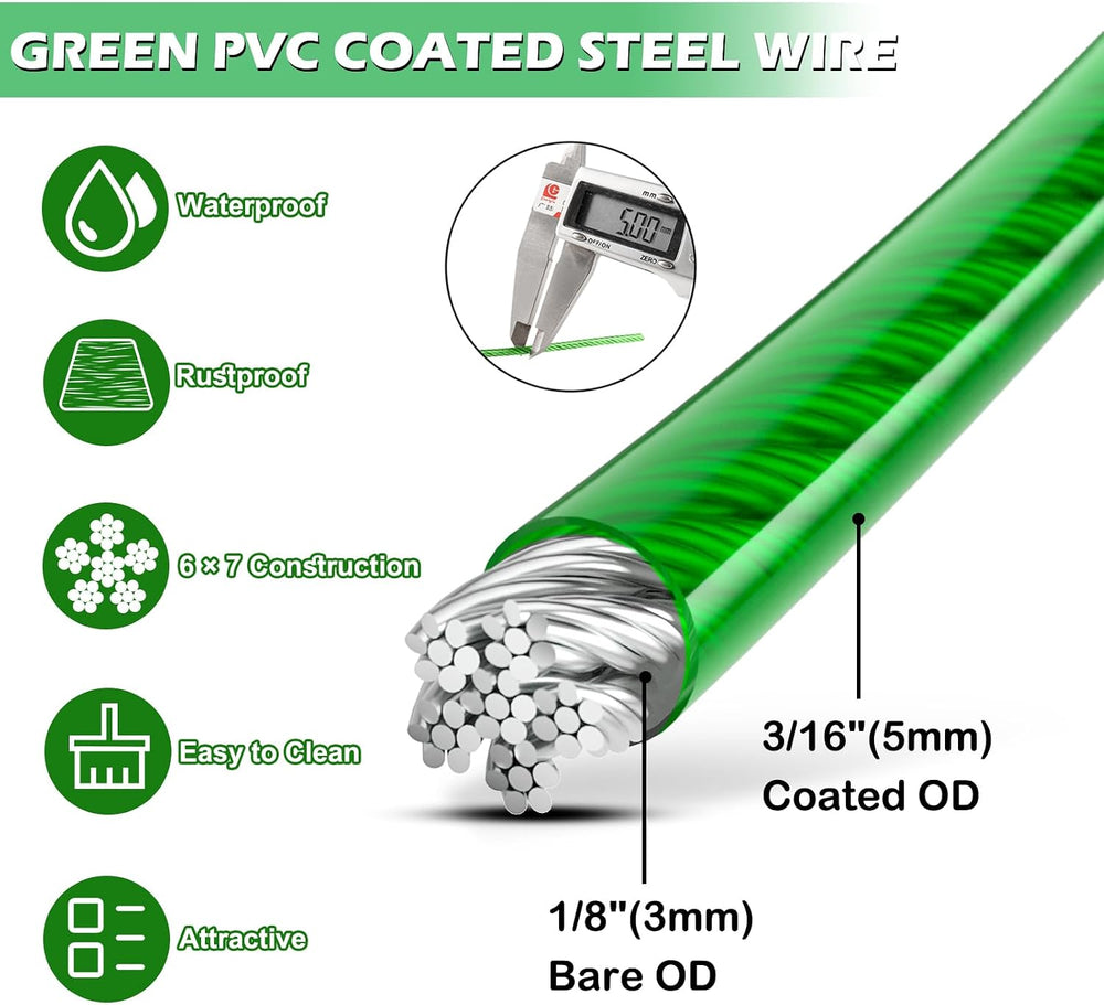 3/16" Clothes Line Outdoors, 100 ft PVC Coated Steel Cable Clip Kit