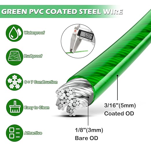 100 Ft Turnbuckles for Cables Wire, 3/16" Green PVC Coated Wire Rope Kit - Image 3