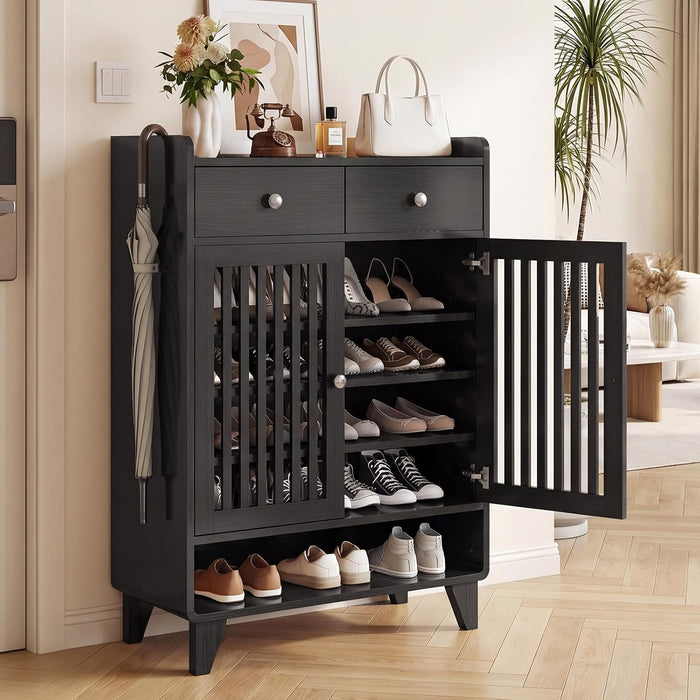 Shoe Cabinet with Drawers, 44’’Tall Wooden Shoe Storage Cabinet for Entryway,Narrow Freestanding Shoe Rack Organizer with Adjustable Shelves for Hallway Mudroom (Black, 5-Tier Cabinet)