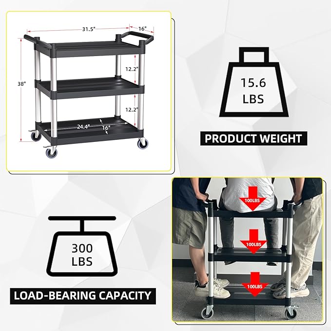 Plastic Utility Carts with Wheels, 3-Tier Rolling Service Cart, 300 lbs Heavy - Image 2
