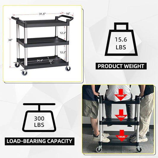 Plastic Utility Carts with Wheels, 3-Tier Rolling Service Cart, 300 lbs Heavy - Image 2