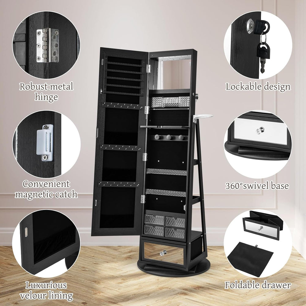 GOFLAME 360 Rotating Jewelry Cabinet with Full Length Mirror, Standing LED Je...