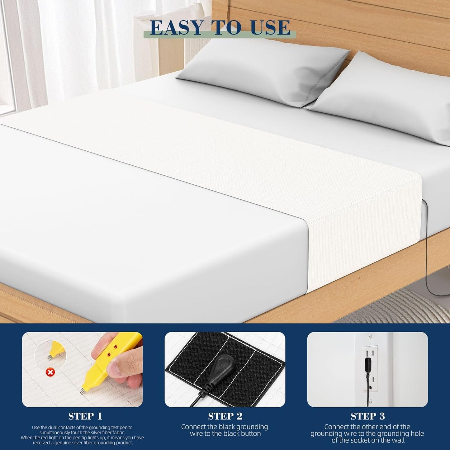 Grounding Sheet for All Mattress Sizes, with grounding Cord and Test Pen (Alabaster,105.3 * 23.3inch)
