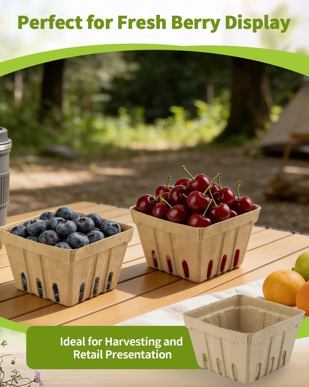 30 Pack Natural Pulp Fiber Berry Basket (4.3x4.3x2.75 Inch), Natural Pulp Produce Baskets & Berry Containers, Vented Strawberry Baskets for Farmers Market Decor, Grocery Store and Kitchen Display