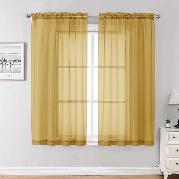 Chyhomenyc Gold Sheer Curtains 54 Inch Long 2 Panels Set, Short Voile Rod by Chyhomenyc