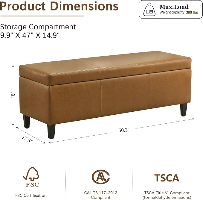 HUIMO Faux Leather Storage Ottoman Bench 50.3 Inch Extra Long PU Upholstered - Image 2