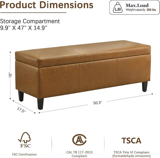 HUIMO Faux Leather Storage Ottoman Bench 50.3 Inch Extra Long PU Upholstered - Image 2