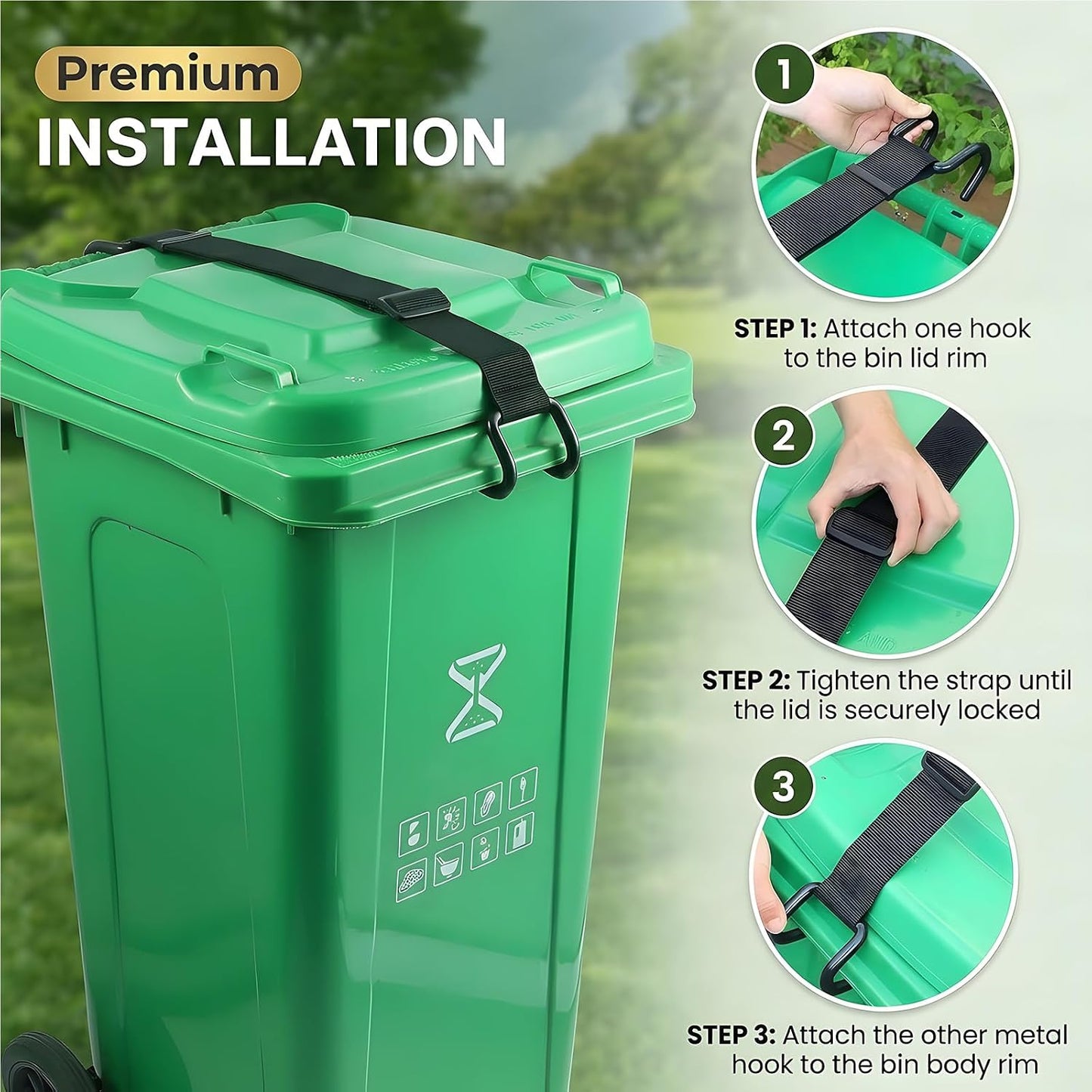 Metal Double Claw Trash Can Lid Lock | Animal‑proof, windproof strap with universal fit for 28–96 gallon bins. Adjustable non‑slip hooks and no‑drill lid closure
